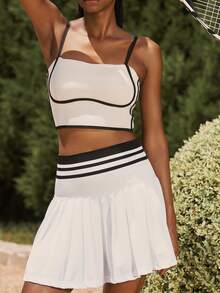 UONNOU 两件套女士运动背心短裤裙网球套装蜜桃提臀收腰收腹露肩美背提胸可调节吊带可拆卸罩杯撞色线条装饰设计性感背心腰带撞色渐变口袋褶皱短裤裙适合运动网球高尔夫羽毛球球类运动健身房锻炼跑步瑜伽轻运动户外休闲日常工作逛街针织面料运动套装四季 - 黑與白 - 查看 7