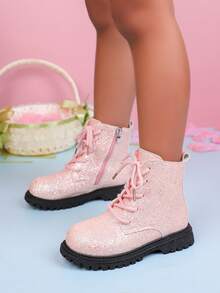 1 Pair Children's Fashion Casual Non-Slip Boots, Solid Color Shiny Lace-Up Design, Side Zipper Girls' Boots Suitable For Travel And Vacation (Random Sole)