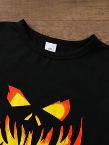 2 pezzi Set di maglietta a maniche lunghe con scollo tondo e stampa di zucca e pantaloni asimmetrici con stampa all-over, outfit casual per bambini per Ognissanti