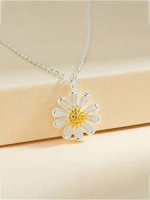 优雅的 925 纯银雏菊吊坠项链 - 低致敏性，简约别致的女士花卉颈链，复古花卉珠宝，适合日常佩戴、春夏季、婚礼、海滩、感恩节、万圣节、圣诞节、情人节、毕业配饰/礼物 - 銀色 - 查看 4