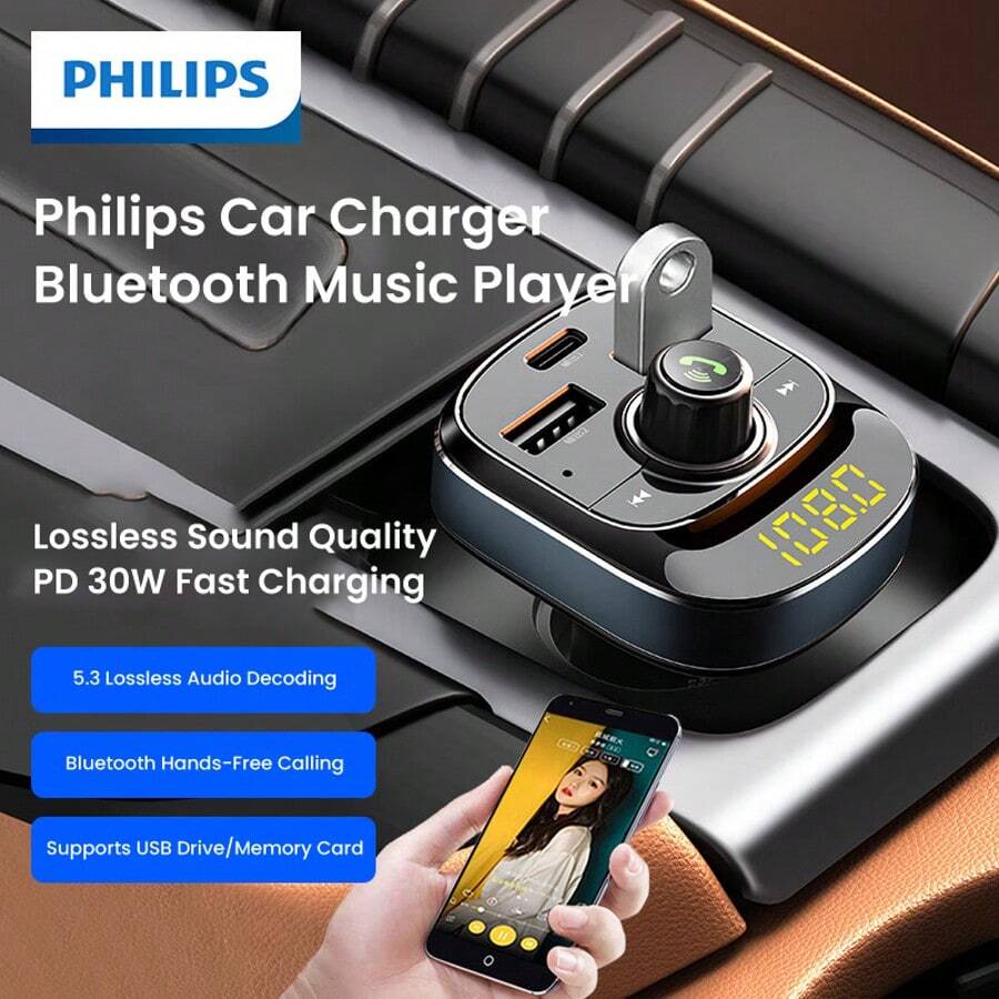 PHILIPS 车载充电器 USB C 带 FM 发射器双 USB C 端口，可为您的设备充电，可接听电话、播放音乐，通用 12V-24V 型号，支持 TF 卡/USB/蓝牙驱动器播放 - 彩色 - 查看 1