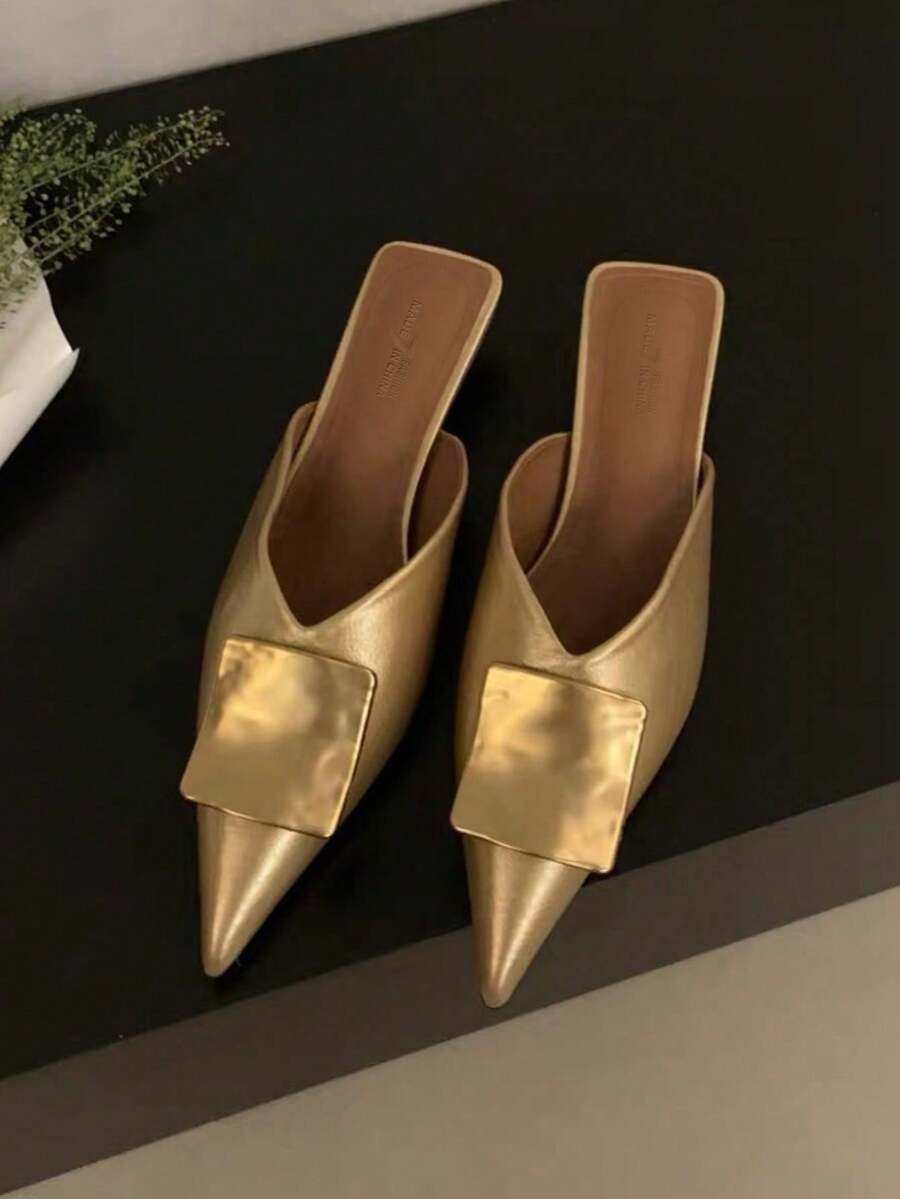 Fall/Winter 2025 Summer New Metal Buckle Pointed Toe Thin Heel Mid-Heel Mule Sandals For Women, Closed Toe Slip-On, Elegant, Party - Gold - View 1