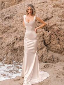 Basrey 香槟色心形领口细肩带高腰露背晚礼服，美人鱼礼服，长款正式礼服，舞会礼服，毕业/正式场合礼服，春季婚纱 - 香檳色 - 查看 7