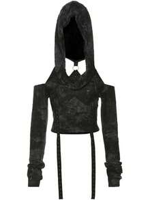 Women's Ripped Hoodie Sweater Vest Hollow Out Hooded Crop Top Knit Pullover Streetwear With Oversleeve - 灰黑色 - 查看 6