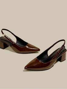 女士咖啡棕色漆皮尖头单带粗跟高跟鞋，优雅尖头正式高跟鞋，时尚露跟高跟鞋 - 咖啡棕 - 查看 2