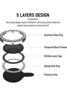 3-2 件相机镜头保护膜适用于 16/16pro/15/14/13/12/16promax，带闪亮金属钻石环和 9h 硬度防刮膜，时尚配饰，用户友好的保护壳适用于日常防护、办公室、家庭闪亮水晶手机相机盖防水防震防摔 - 銀色 - 查看 9