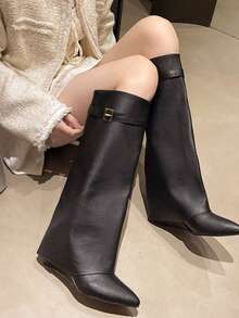Women's Fashion Boots, Knee-High Boots, Cuff Boots, Western Boots, Pants Boots, Leg Boots, Hot Girl Boots, Buckle Design, Eye-Catching, Suitable For Daily, Indoor/Outdoor, Party, Pair With Skirts, Shorts, Elegant Women Boots, Women's Ankle Boots And Short Boots, Autumn/Winter - Black - View 4