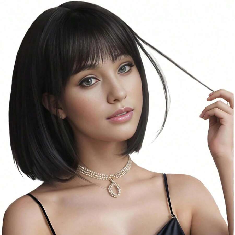 Straight Black Wig, Suitable For Sexy Short Square Ladies Wig, Straight Shoulder Length Bangs Wig With Hair Cap - màu đen - Xem 1