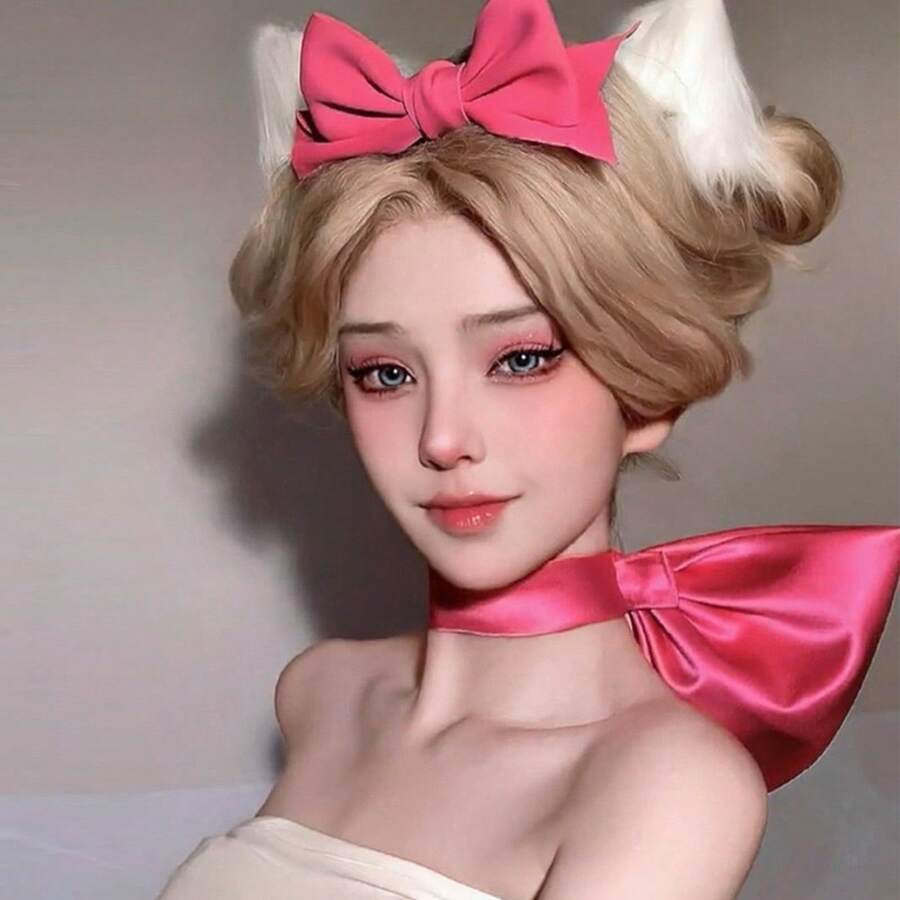 Bow Collar, Extra-Large Bow Neck Hair Tie, Headpiece, And Satin Neck Chain – Suitable As Cosplay & Comic Convention Outfit Accessories For Ladies - 甜美紅 - 查看 1