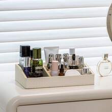 1pc Multi-Drawer Makeup Storage Box, Desktop Organizer, Woven Jewelry Box, Compartmentalized Cosmetic Storage, Large Capacity Makeup Display Rack, Leather Woven Texture Storage Container, Handmade Skincare Bottle & Jar Holder, Suitable For Home Organization, Entryway, Living Room, Bedroom, Vanity