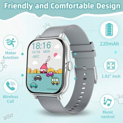 SIMSONLAB 1.83英寸高清触摸屏儿童智能手表，具备通话/接听、计步器、卡路里计数、多种运动模式、消息和来电提醒等功能，是一款多功能智能手表，也是理想的圣诞礼物。