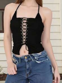 Chaleco de verano para mujer, sin mangas, con cuello halter, espalda abierta, cruzado y vendaje - Negro - Ver 2