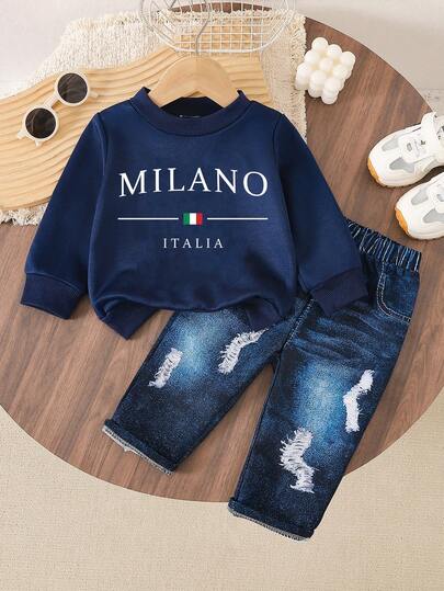 2 件套男婴休闲时尚字母印花卫衣和裤子套装，舒适秋冬