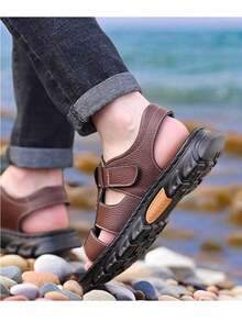 Sandalias para Hombre de Playa y Senderismo - Punta Abierta, Suela Blanda Antideslizante, Transpirables de Cierre de, Cómodas y Duraderas para Exteriores - Marrón - Ver 2