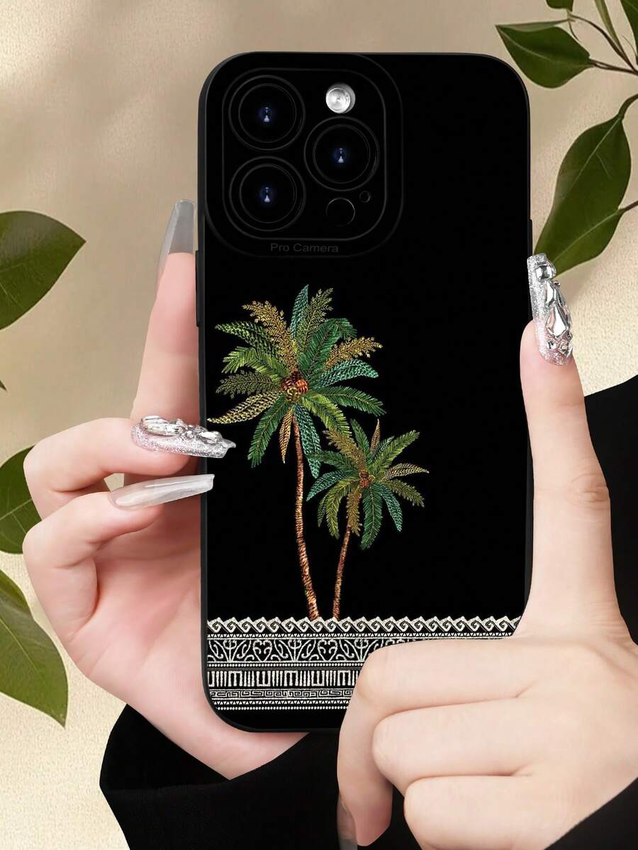 极简黑色中东元素时尚手机壳 1 件装 沙特阿拉伯棕榈树条纹复古印花 2D 图案 经典极简中东棕榈树条纹风格 适合赠送给朋友、家人、情侣，生日、节日礼物 黑色哑光软壳 防尘防水 兼容 16/15/14/13/12/11/Pro/ProMax/X/XR/XS/XSMax/7/8/PLUS 生日周年纪念礼物 国际版，非国内版 - 黑色 - 查看 1