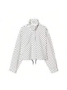 HLPHA Women's Spring/Summer Elegant Casual Polka Dot Jacket, Wrinkled Fabric, Drawstring Zipper, Ribbed Collar, Suitable For Graduation Ceremony And Various Occasions - White - View 2