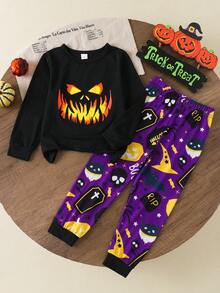 2 pezzi Set di maglietta a maniche lunghe con scollo tondo e stampa di zucca e pantaloni asimmetrici con stampa all-over, outfit casual per bambini per Ognissanti
