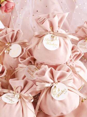 5pcs Velvet Bow Ribbon Bags, Ins Style Pearl Letter Card Gift Packaging Bags, Jewelry Gift Bags For Wedding, Party, Decoration