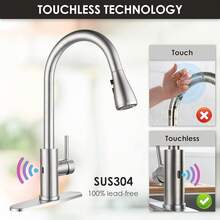 Cooltens - Grifo de cocina sin contacto, con sensor de movimiento y manos libres con rociador desplegable de níquel cepillado, grifo inteligente de acero inoxidable de un solo mango de arco alto - inteligente - Ver 12