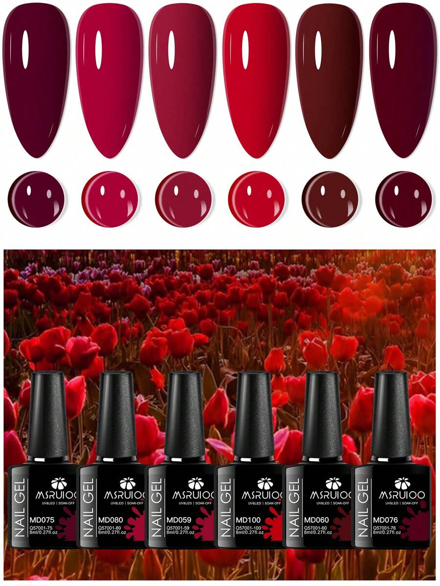 Bộ 6 lọ sơn gel móng tay 8ml màu đỏ có nhũ, bán vĩnh cửu, dễ tẩy, dùng cho nghệ thuật vẽ móng UV LED. - Nhiều màu - Xem 1