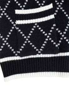 Contrast Color Rhombus Striped Front Button Trim Contrast Color Edge Cardigan For Women Black - Black - View 9
