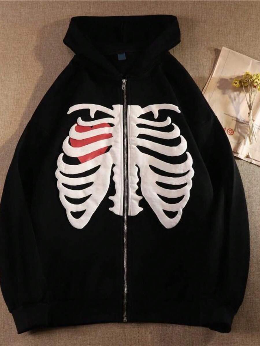 Women's Zip Up Hoodie/Skull/Skeleton/Plus Size/Harajuku/90s/Zippered Sweatshirt - màu đen - Xem 1
