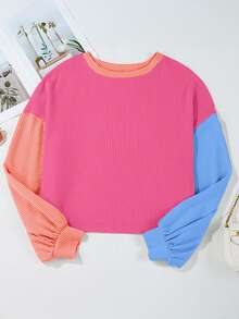Acelitt Camiseta holgada de cuello redondo con textura y contraste de colores para mujer de talla grande, adecuada para primavera y otoño - Multicolor - Ver 4