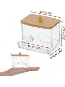 1 Stück klarer Acryl Wattestäbchen Halter mit elegantem Holzdeckel - schlanker Badezimmer Organizer Behälter für Wattestäbchen & Pads, robuster Kunststoff Make-up Aufbewahrungsbehälter