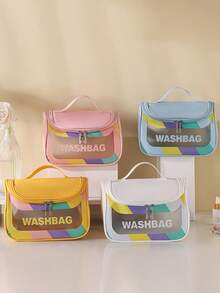 1 pieza Nueva bolsa de maquillaje de lujo minimalista y multicolor transparente con letra, bolsa de cosméticos impermeable de mano para necesidades diarias y viajes, bolsa de aseo grande de capacidad visible con acabado mate grueso para dormitorio, exterior, puede contener cables, cosméticos y otros artículos diarios, esenciales universitarios de otoño, bolsa de viaje de vacaciones, bolsa de viaje para mujeres, organizador de maquillaje