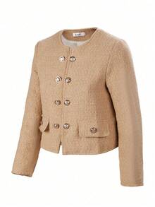 Women's Short Double Breasted Jacket, European And American Loose Short Elegant Casual Jacket, Fashionable Spring And Autumn Top - Khaki - View 3
