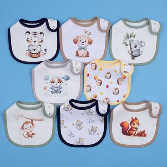 8pcs/Set Cartoon Print Soft Adjustable Snap Bibs, Waterproof Baby Feeding Burp Cloths, Suitable For Spring, Summer, Autumn And Winter