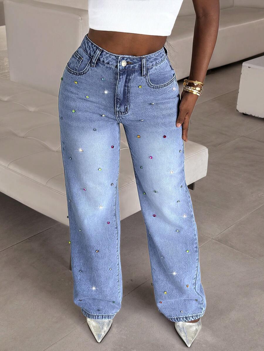 2025秋冬新款时尚水钻装饰阔腿牛仔裤 - 优雅派对及日常直筒女式牛仔裤，休闲度假春季款 - 淺色水洗藍 - 查看 1
