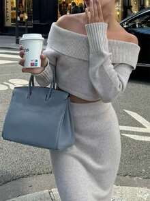Women's Off-Shoulder Sweater, Solid Color Ribbed Pullover Dress Two Pieces Set, Casual Wear For Autumn/Winter