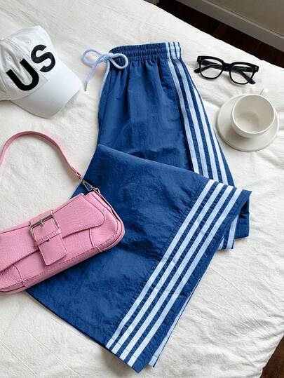 SAOYANGYU 女士休闲轻薄阔腿裤，松紧腰带，侧边撞色条纹，110克梭织面料