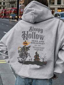 Halloween Women's Plus Size Casual Style, Street Style, Pumpkin Skull Horse Graphic Print Hoodie With Hood Drawstring, Pocket Pullover Hoodie, Fall Clothes Plus Size, Going Out Outfits - Grey - View 1