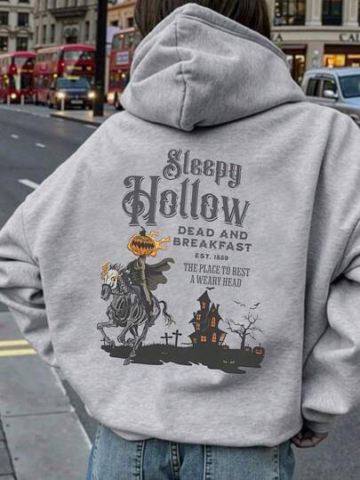 Moletom com capuz feminino plus size, estilo casual, estilo urbano, estampa gráfica de caveira de abóbora e cavalo, com cordão, pulôver com bolso, roupas de outono plus size, looks para sair