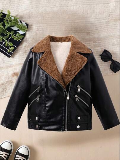 Tween Boy Fashionable Street Motorcycle PU Leather Long Sleeve Lapel Jacket, Thickened Thermal Lining Outerwear For Big Kids, Autumn/Winter