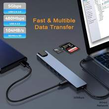 8-In-1 Type-C To HDTV Adapter Hub With Ethernet Port + HDTV Multi-Function Card Reader, Type-C To 4K HDTV Adapter, RJ45 SD/TF Fast Charging Card Reader, Multi-Function Hub For 4K High-Definition Video Mirroring, Compatible With MacBook Laptops And Windows Computers