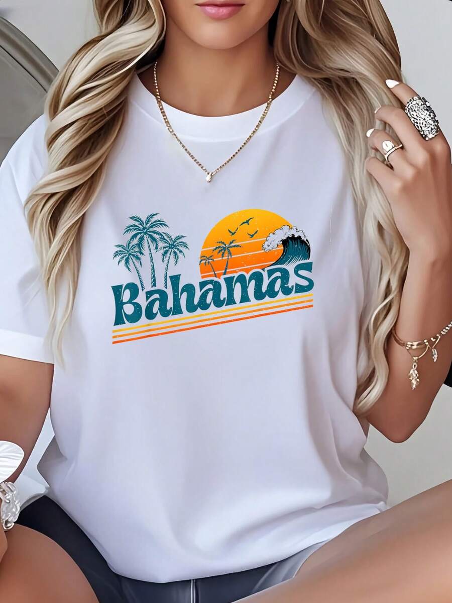 Retro Bahamas Beach Summer Vacation Sunset 70s 80s Tree-Shirt        Summer Ladies' Choice-Shirt Women - 白色 - 查看 1