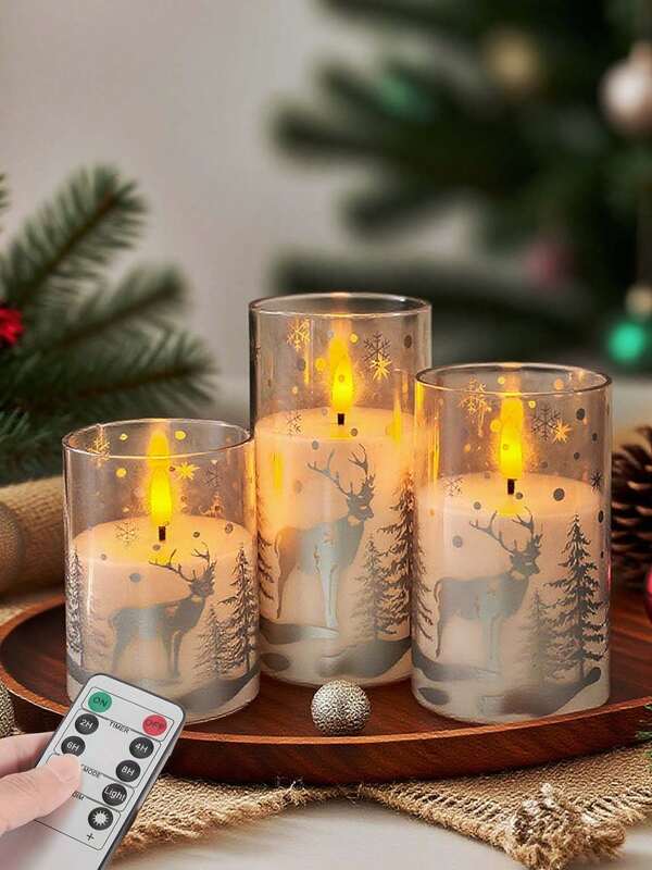 Pacote com 3 Velas de LED Cintilantes de Rena Acionadas por Bateria com Timer, Adequadas para Decoração Doméstica, Halloween, Dia dos Namorados, Natal, Casamentos, Festas, Decoração Doméstica e Eventos Festivos