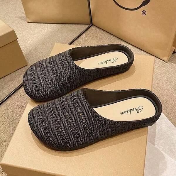 Pantuflas deslizantes para mujer - Cómodas, antideslizantes para interiores/exteriores, diseño de punta redonda, lavables para todas las estaciones, disponibles en varios colores, estilo minimalista, suela duradera, acolchado grueso y suave, pantuflas tipo mula tejidas huecas, diapositivas casuales elegantes y cómodas