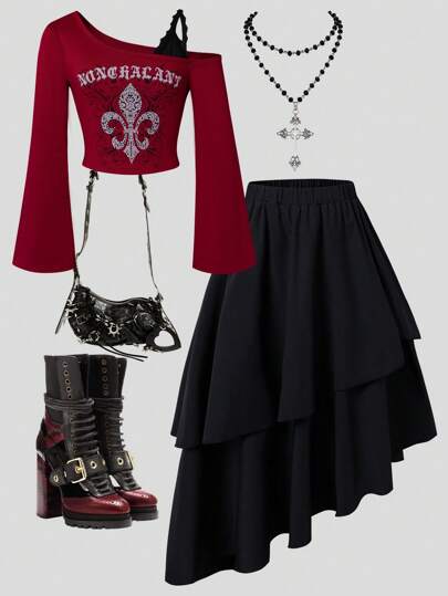 Set de 2 piese pentru fete, cu imprimeu vintage, decolteu asimetric, mânecă lungă și fustă cu tiv asimetric, Halloween