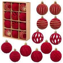 Christmas Velvet Ball Ornaments Set, 12 Pcs Shiny/Cutout Christmas Tree Ball Hanging Decorations - 酒紅色 - 查看 1