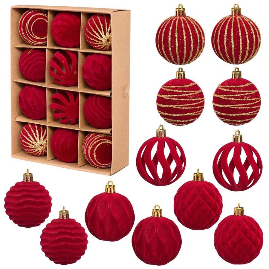 Christmas Velvet Ball Ornaments Set, 12 Pcs Shiny/Cutout Christmas Tree Ball Hanging Decorations - 酒紅色 - 查看 1