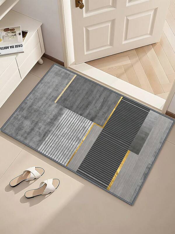 1 قطعة بساط خارجي مانع للانزلاق ذو طباعة هندسية رمادية، بساط داخلي للحمام والمطبخ، بساط مميز متعدد الاستخدامات، بساط ناعم ومريح، بساط مناسب للوقاية من السقوط للمطبخ والمداخل والغرف، قابل للغسيل في الغسالة