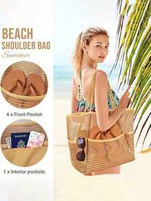 Mesh Beach Bag, Women's Shoulder Tote Bag, Large Capacity Foldable Mesh Swim Bag With Pocket, Bath Swimming Toiletries Storage Bag, Beach And Seaside Entertainment Storage Tote Bag - Multicolor - View 3