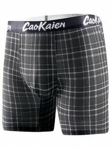 10pcs/Pack New Fashionable Plaid Print Men's Boxer Briefs, Long Length, Quick Dry, Elastic, Thin, Breathable