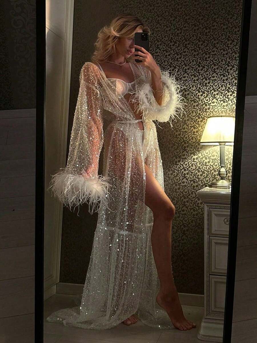 Women Feather Sequin Sheer Nightgown Long Sleeve Plush Cuff See Through Night Robe Nightdress Faux Feather Bridal Robe For Wedding Lingerie Robe With Faux Fu - 銀色 - 查看 1