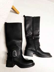 VIKIVIKI SHOES Women's Knee-High Boots With A Decorative Buckle, Elegant And Modern Style, And A Wide Mid-Heel That Provides Comfort And Sophistication. Perfect For Fall-Winter Looks And Easy To Pair With Dresses, Skirts, Or Skinny Pants. Estimated Delivery: 1-3 Business Days (Peninsula). - màu đen - Xem 4