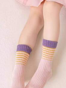 5 Pairs Girls' Colorful Striped Crew Socks (Ages 3-12) - Soft, Comfortable And Versatile Mid-Calf Socks For Girls, Suitable For Sports, Travel And Daily Wear